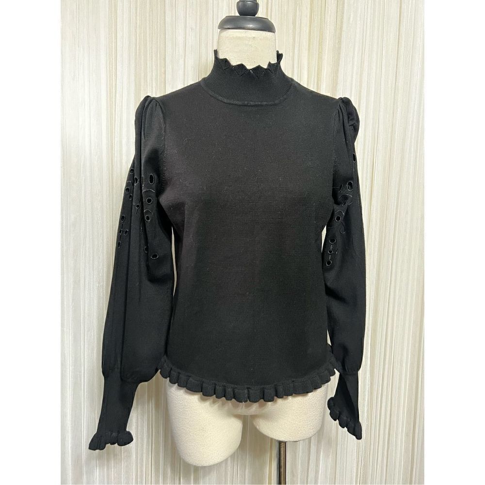 Joseph A. Black Long Sleeve Turtleneck Sweater Juliette Perforated Sleeves Medi